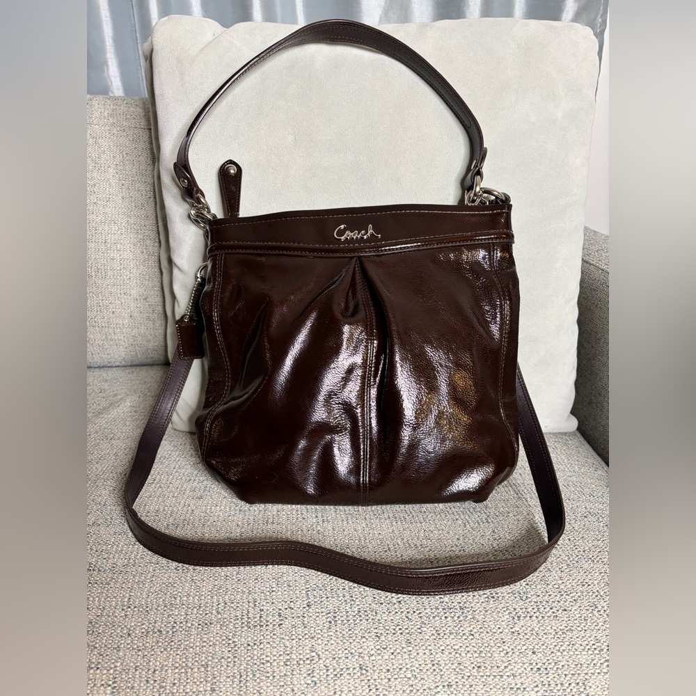 Coach Ashley Chocolate Brown Patent Leather Crossbody-Silver Hardware